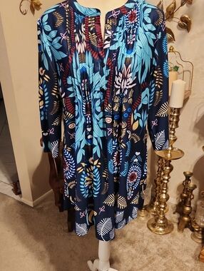 Reborn Navy Floral Midi Dress with Teal & Gold Accents